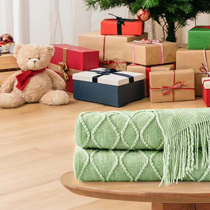 inhand Basil Green Knitted Throw Blanket for Couch and Bed, 50"x60" | Throws for Her or Him, Soft Farmhouse Woven Blanket, Tassel, Lightweight Decorative, Cozy Knit, Warm Living Room Home Decor