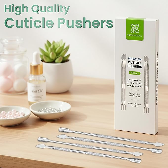 Professional Cuticle Pusher Tool - 4 Pcs Stainless Steel Dual Head Cuticle Trimmer, Spoon Shaped Nail Cleaner Tool & Nail Scraper Durable Pedicure & Manicure Tool for Fingernails & Toenails (Silver)