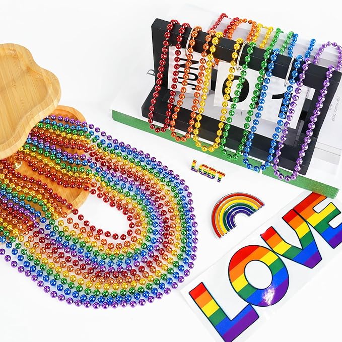 SHAOQINLIN 12 PCS Pride Beads Necklaces, Pride Necklace Accessories, Rainbow Beads Necklaces Bulk, Gay Lesbian Pride Month Parade Throws Pride Party Favors in 6 Colors