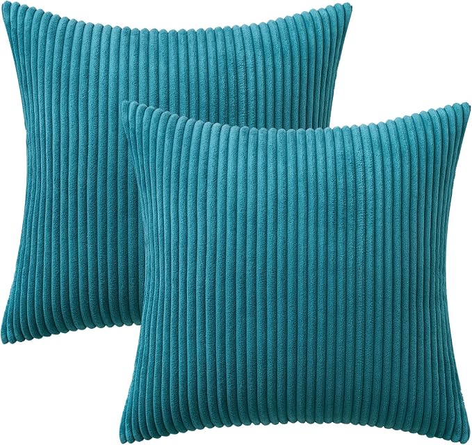 MIULEE Decorative Corduroy Throw Pillow Covers Set of 2 18x18 Teal | Soft Striped Textured Cushion Cases, Boho Coastal Square Pillowcases for Home Decor, for Couch Chair Sofa Bed Living Room