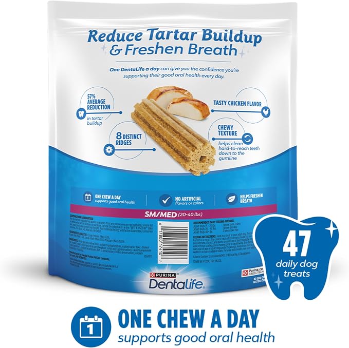 Dentalife Daily Oral Care Dog Treats for Small and Medium Dogs,Chewy Dental Treat to Freshen Breath and Fight Tartar,Chicken Flavor,35.7 oz. Each,47 Chews each/94 Total Chews-47 ct. Pouch,(Pack of 2)