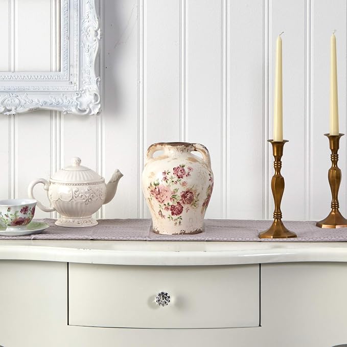 Nearly Natural 8 in Tuscan Ceramic Floral Print Vase for Home Decor Office | Premium Quality Ceramic, Vintage Floral Print Jar, Country-Chic Centerpiece, Shelf and Table Accent