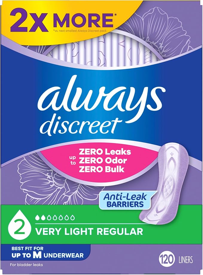 Always Discreet Incontinence Panty Liners for Bladder Leaks, Size 2, Very Light Absorbency, 120 Count (Pack of 2)