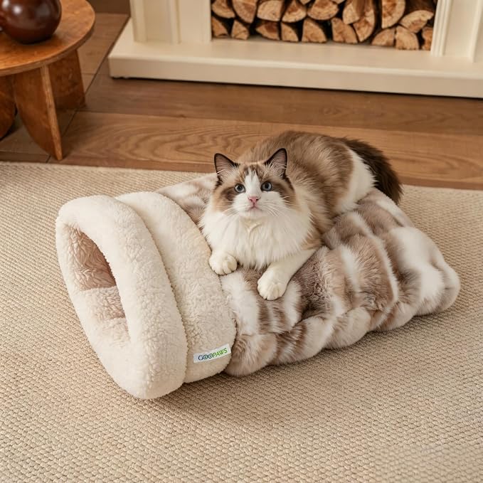 3 in 1 Semi-Enclosed Self Warming Burrow Cat Bed Sleeping Cave | Keep Warming, Machine Washable, Easy to Clean, Soft & Comfortable, Pet Beds fo Cats & Dogs, Cozy Privacy Nook
