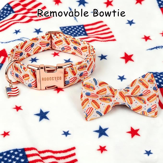 ADOGGYGO 4th of July Dog Collar with Bow Tie, Detachable Patriotic Hot Dog Print Bowtie, Adjustable American Flag Collar for Medium Dogs (M)