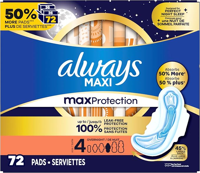 Always Maxi Overnight Feminine Pads with Wings for Women, Size 4, Overnight Absorbency, Unscented, Up to 100% Leak-Free Protection, 72 Count