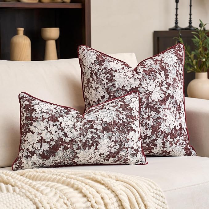 Alerfa Burgundy Neutral Floral Pillow Cover 12 x 20 Inch, Vintage Chenille Rectangle Couch Pillow Cover Soft Decorative Farmhouse Accent Pillowcase for Living Room Bedroom