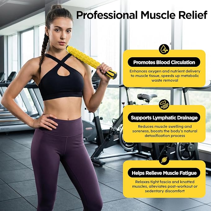 Muscle Roller & Massage Roller Stick for Athletes - Lymphatic Drainage Support, Relieves Muscle Soreness, Cramping & Tightness - Targets Legs, Arms, Back & Calves (Yellow)