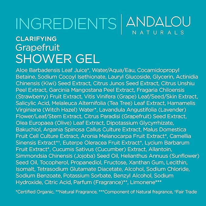 Andalou Naturals Body Wash, Clarifying Grapefruit Shower Gel, Gentle Exfoliating Salicylic Acid Body Wash with Tea Tree & Witch Hazel, Targets Back Acne, Blemishes & Excess Oil, 8.5 fl oz