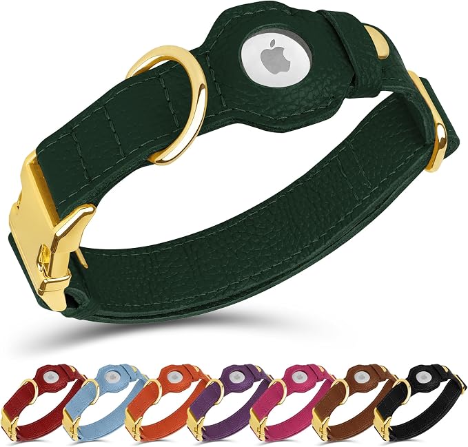 Leather Airtag Dog Collar - Soft Tracking Dog Collar with Apple AirTag Holder and Metal Buckle - Safety GPS Pet Collars for Small Medium Large Dogs Puppy Pink Red (Green, XL, 20"-25" Neck Fit)