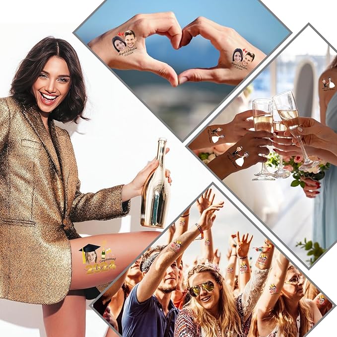 Ubmpj Custom Temporary Tattoos Personalized Temporary Tattoos with Photo Face Name Text for Graduation Bachelorette Birthday Party Wedding Bride Groom
