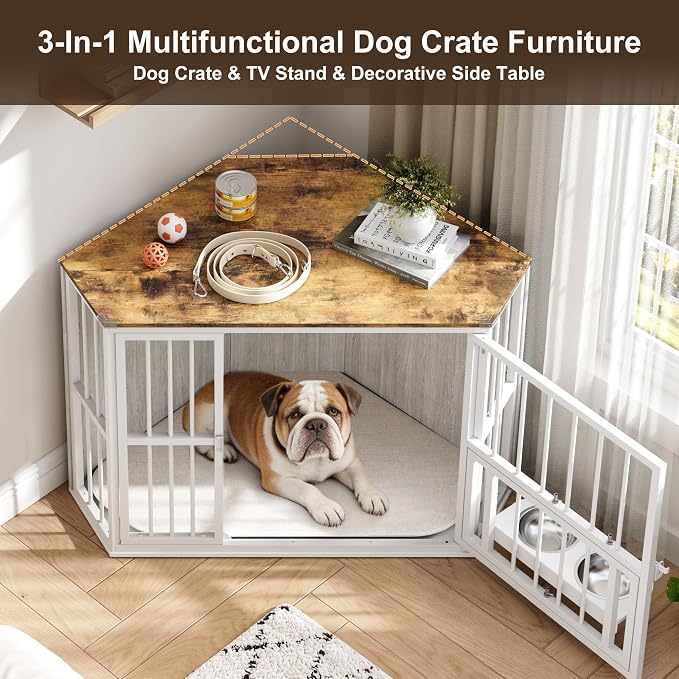 Corner Dog Crate Furniture for Small Dogs, Indoor Kennel, Washed White