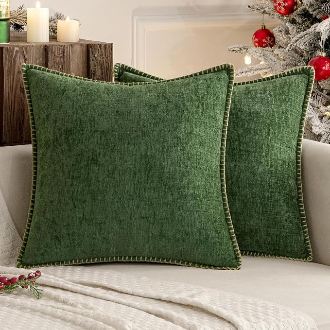MIULEE Decorative Couch Throw Pillow Covers 18x18 Inch Forest Green 2 Pack | Farmhouse Pillow Covers with Stitched Edge, Soft Chenille Cushion Cases, for Sofa Bed Living Room Home Decor, Moss Green