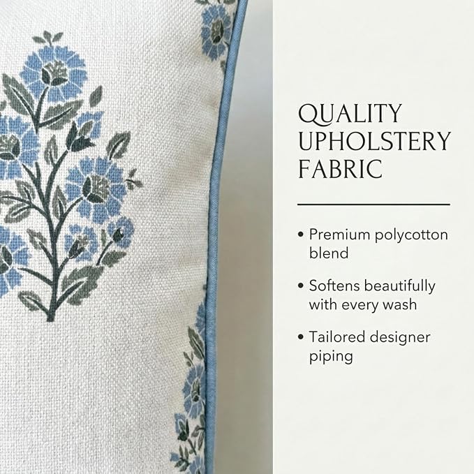 “The Camille” Decorative Pillow Cover – Blue & Whitel Floral Block Print Pillow Cover – Grandmillennial Home Decor, 24" x 24"