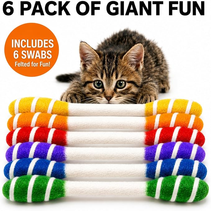 Glaciart One Swabs Cat Toys with Catnip - 6 Pk | Durable for Chew, Cute Cat Toys Interactive Kitty for Boredom, Exercise, & Play | Filled w/Organic Catnip for Anxiety & as Digestive Aid | Gift Idea