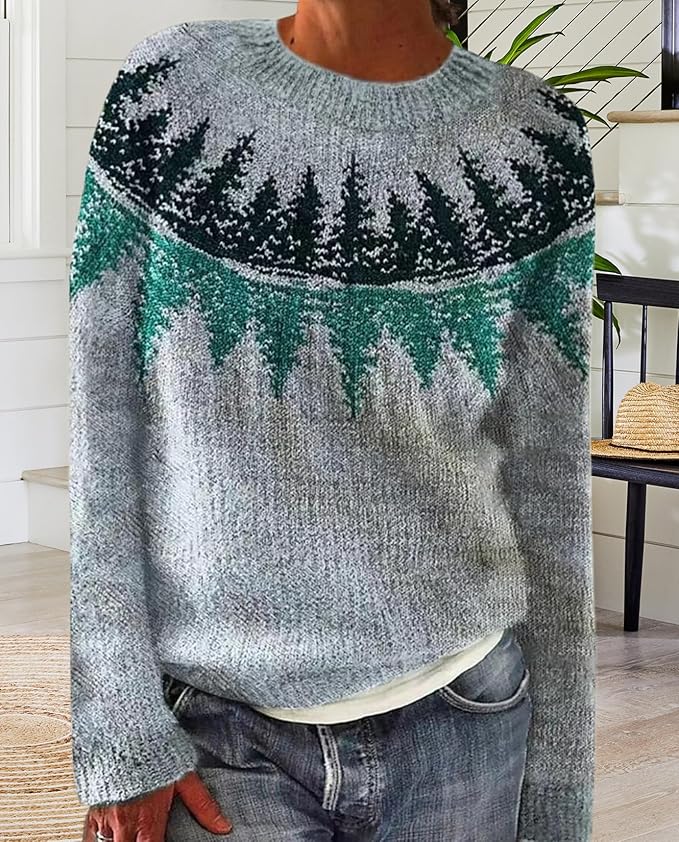 Zhyaj Fair Isle Sweater for Womens Winter Long Sleeve Vintage Knitted Sweater Casual Fall Crew Neck Pullover Sweaters