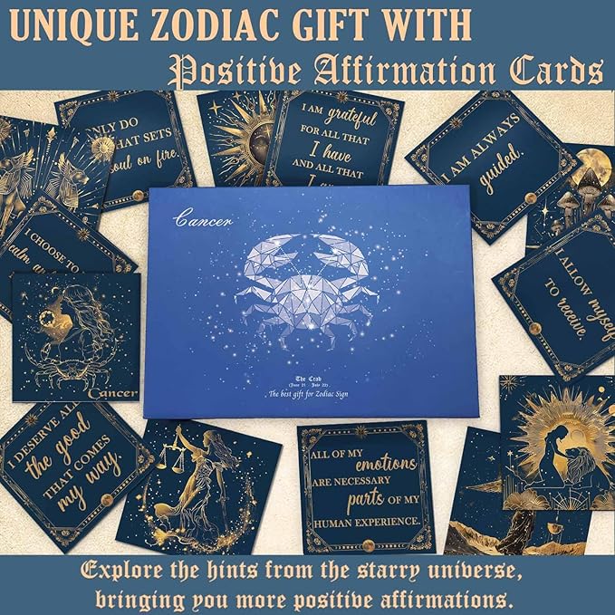 Faivykyd Cancer Zodiac Crystals Gifts for Women, 6 Zodiac Cancer Healing Stones w/ 50 Miracle Mantras Affirmation Cards, Spiritual Astrology Gifts for Promoting Positive Energy, Self-Care & Love