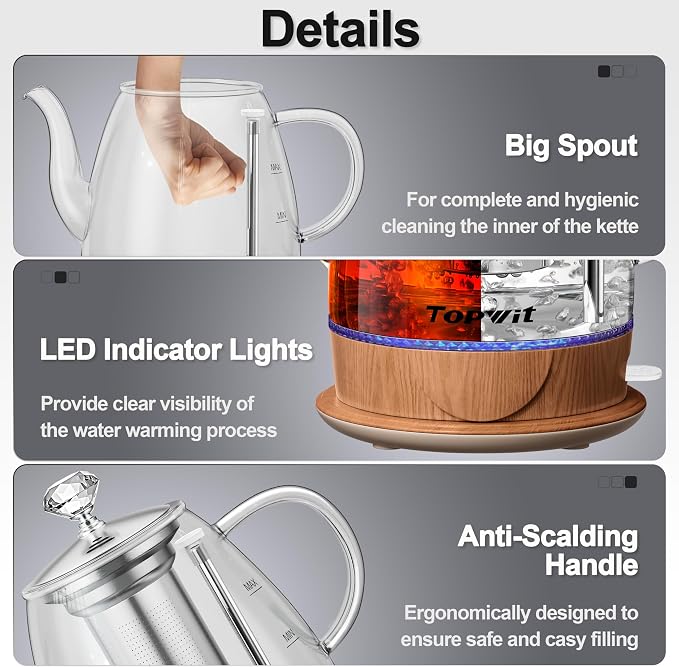 Topwit Electric Kettle Glass, For Hot Water, Tea and Coffee Dual Purpose Design, BPA-Free, 1L Pour Over Removable Stainless Steel Infuser, Auto-shut Off & Boil-dry Protect