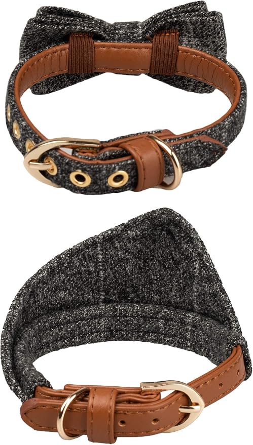 Small Dog Collar Set, 2Pcs Puppy Cat Collar with Bow Tie & Bandana, Durable PU Leather Canvas Tiny Pet Scarf for Small Breed Pets Grey Classic