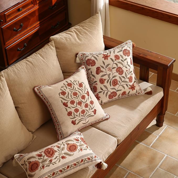Designer French Linen Throw Pillow Cover,Set of 2,18"x18"-Albano B | Elegant Square Pillow Cover,Concealed Zipper Design,Floral Pattern,Sofas,Bedroom,Living Room,Lounge Chairs,Decor