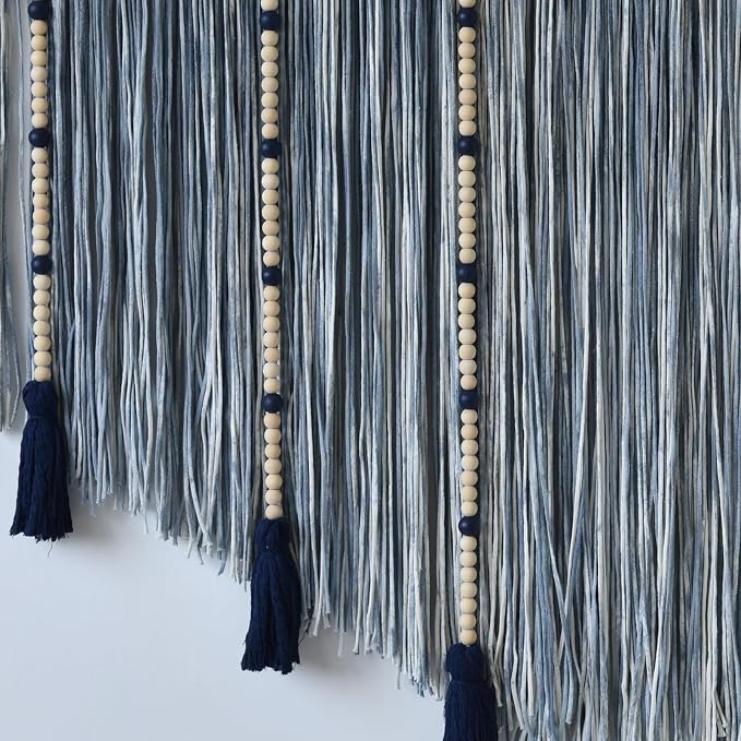Jakalin Macrame Wall Hanging Blue Dip Dye Bead Boho Home Decor 57"x43" | Blue Dip-dye Cotton Cord, Handwoven Beadwork, Artisan Texture, Modern Boho Wall Decor, Home Accent Yarn Fiber Wall Art