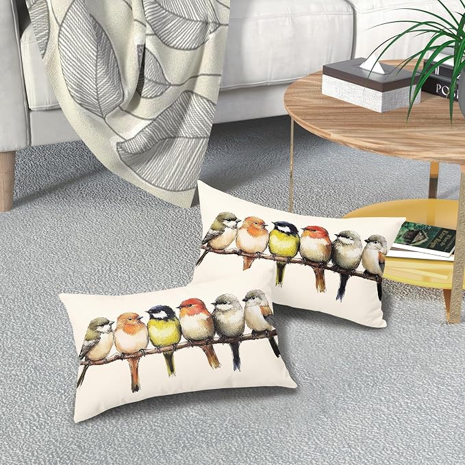 Oil Painted Birds Lumbar Pillow Covers 12x20 Inch Set of 2 Cute Spring Summer Bird Rustic Decorative Pillow Cases Outdoor Linen Square Cushion Cover Farmhouse Decor for Bedroom Home Sofa Couch Bed