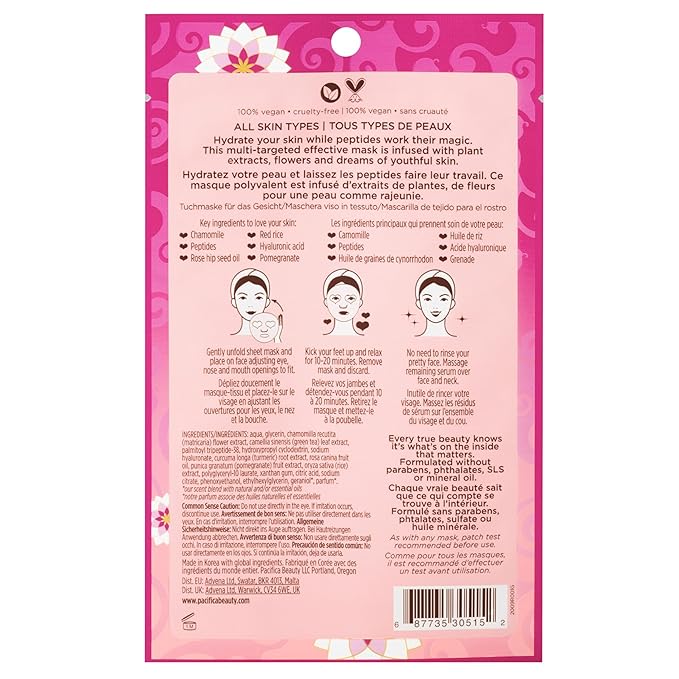 Pacifica Disobey Time Rose & Peptide Facial Sheet Mask Hydrating Anti-Aging Mask for Fine Lines & Dry Skin Infused w/Hyaluronic Acid & Chamomile Clean Beauty Vegan & Cruelty-Free Dermatologist Tested