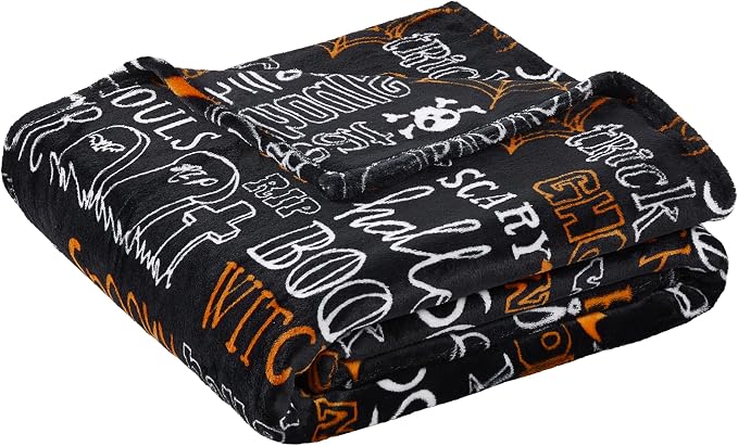 Halloween Fleece Throw Blanket, Cute Bats Ghosts Spiderwebs Print 50x70 in | Thoughtful gift idea: Great present for Halloween lovers, college students, housewarming parties, or seasonal decorators