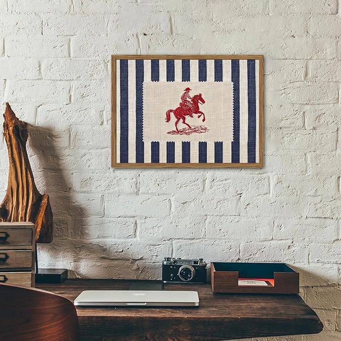 Vintage Western Wall Art Mid Century Striped Cowboy Wall Decor Painting Blue and White Southwest Poster Canvas Print for Bedroom Lving Room 12x16 inch Wood Framed