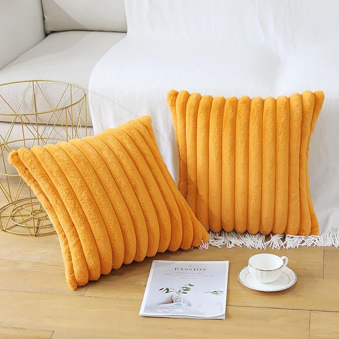 Soleebee Set of 2 Throw Pillow Covers Soft Cozy Velvet Pillowcase Faux Rabbit Fur Cover for Couch Sofa Bed Chair Home Decorative Pillows Cover (24x24 Inch, Mustard Yellow)