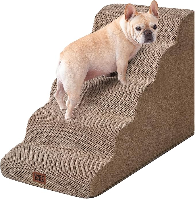 EHEYCIGA Curved Dog Stairs Ramp, 5-Step Extra Wide High Beds, Dog Steps | 33D density of pure foam, for Small Dogs and Cats, Pet Stairs for High Bed Climbing, Non-Slip Balanced Indoor, Camel