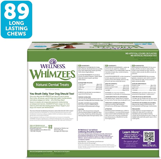 Wellness WHIMZEES Value Pack Natural Dog Dental Treat, Chews, Freshens Breath, Small Size, 47.1 oz Box, 89 Count