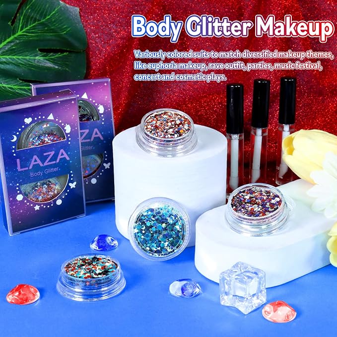 Laza Independence Day Body Glitter, 2 Jars Olympic Red Blue White Chunky Sequins with Glue Women 4th of July Face Paint Festival Rave Outfit Hair Accessories Party Costumes-Independence Parade