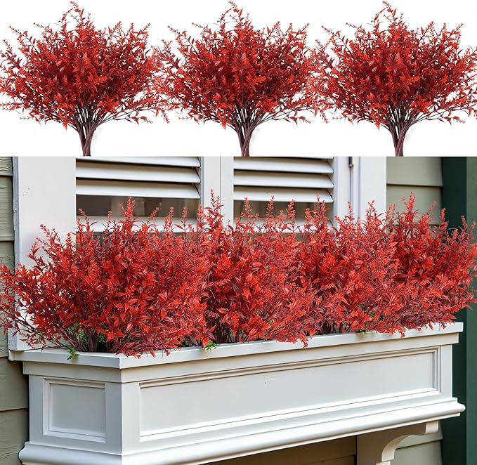 RECUTMS Fake Fall Plastic Flowers Artificial Plants UV Resistant Flowers | 12Pc,Fall Burgundy Decor,Fake Autumn Plants Faux Outdoor Plastic Faux Greenery for Party Yard Balcony Thanksgiving Decoration