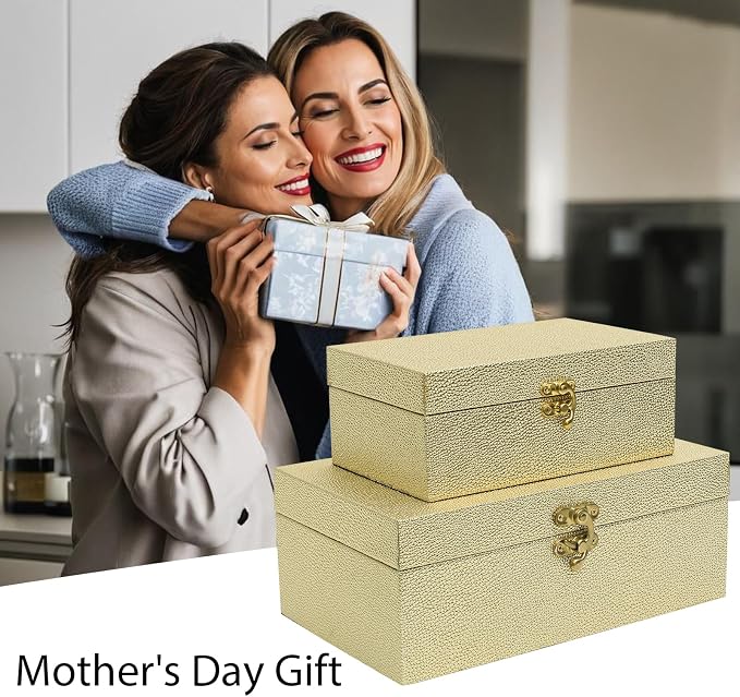 DECOR4SEASON Faux Leather Decorative Storage Boxes Set of 2, Gold | For Keeping Precious Keepsakes, Trinkets, Jewelry And Other Small Items Organized