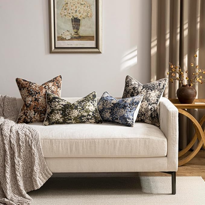 Pack of 2 Vintage Floral Throw Pillow Covers 20x20 Boho Farmhouse Accents Chenille Square Decorative Pillow Cases for Living Room Couch Bed Home Decor, Taupe