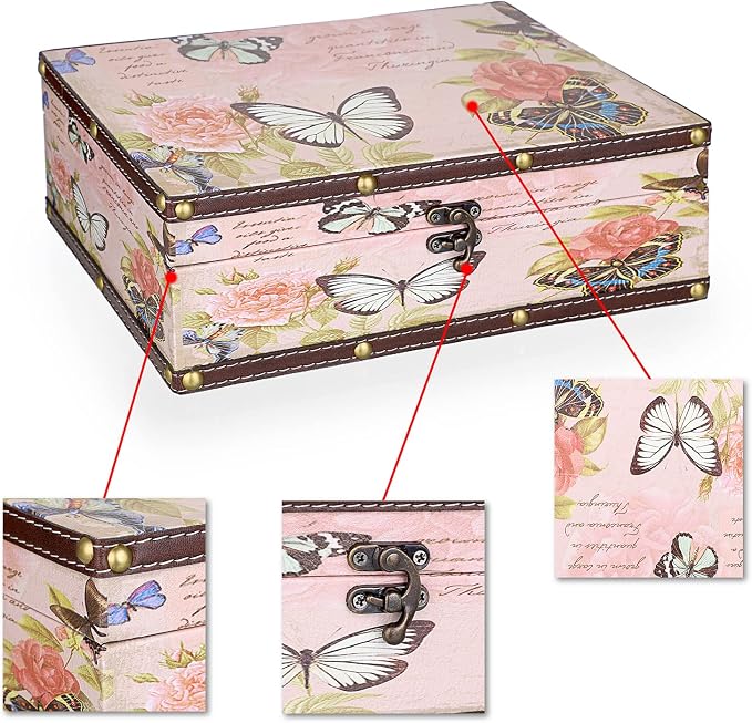 ELLDOO Butterfly Treasure Chest Box, Vintage Wooden Decorative Box | Treasure Storage for Jewelry Trinkets Photos, Rectangular Keepsakes box for Girls Women Gifts