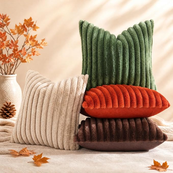 decorUhome Fall Faux Fur Throw Pillow Covers 22x22 Set of 2 Rust | Decorative Soft Cozy Striped Plush Modern Farmhouse Boho Couch Pillow Cases Velvet Back for Sofa Bed Living Room Home Decor