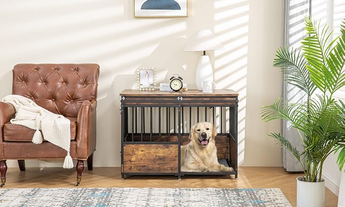 KOOPRO 40" Dog Crate Furniture w/Cushion, Heavy Duty for Large Medium Dogs | Wooden Dog Kennel with Double Doors, Decorative Pet House Dog Cage Side End Table Indoor, Sliding Door Chew-Resistant