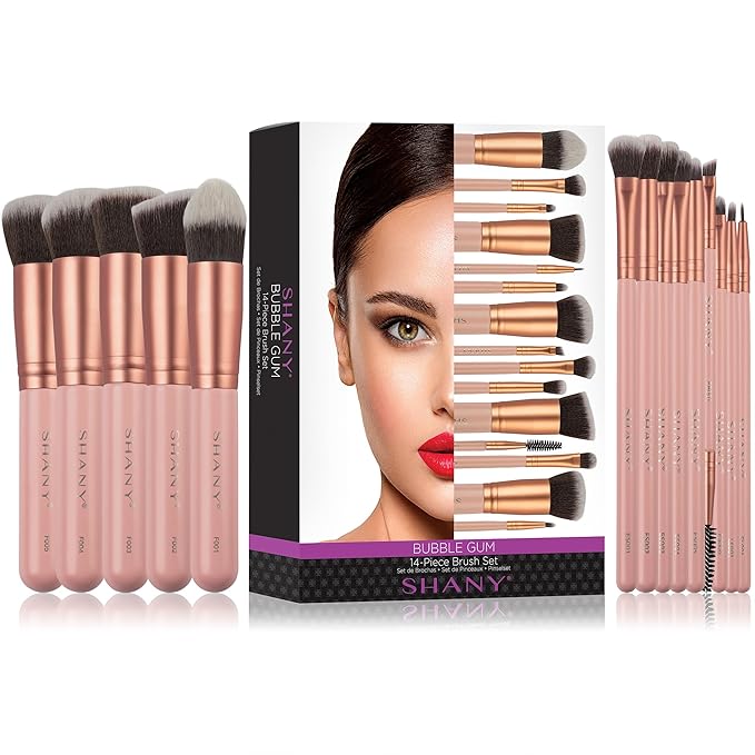 SHANY14 Piece Makeup Brush Set – Elite Cosmetics Brush Collection - Complete Kabuki, Eyes, Face, powder, foundation Makeup Brush Set - Bubble Gum