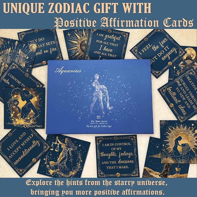 Faivykyd Aquarius Crystals Gift for Women - 6 Aquarius Zodiac Stones w/ 50 Miracle Mantras Affirmation Cards, Healing Astrology Gifts for Promoting Positive Energy, Self-Care & Love