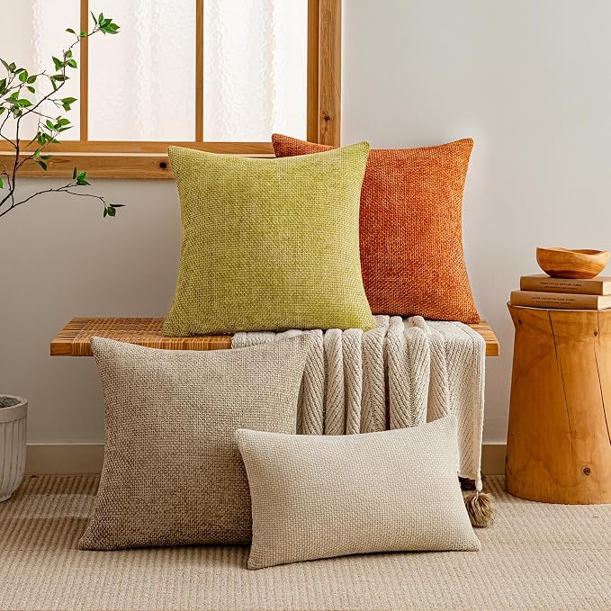 a moment Yellow-Green Chenille Throw Pillow Covers 18x18 Inch Pack of 2 Modern Decorative Throw Pillow Covers Farmhouse Cross Covers Home Decor for Sofa Bedroom Living Room