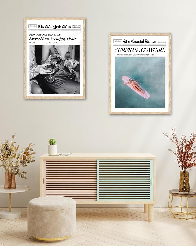 iHery Small 8x10in Every Hour Is Happy Hour Framed Wall Art | Natural OAK Wood Frame with Canvas Print, Retro Editorial Decor for Bedroom, Girl Dorm, Living Room and Gallery Wall, 1Pack