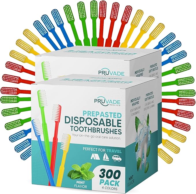 Pruvade 300 Pack Disposable Toothbrushes with Toothpaste, Built in | Prepasted Toothbrushes Individually Wrapped | Single Use Waterless Tooth Brush Soft Bristles for School, Hotel, Camping, Travel