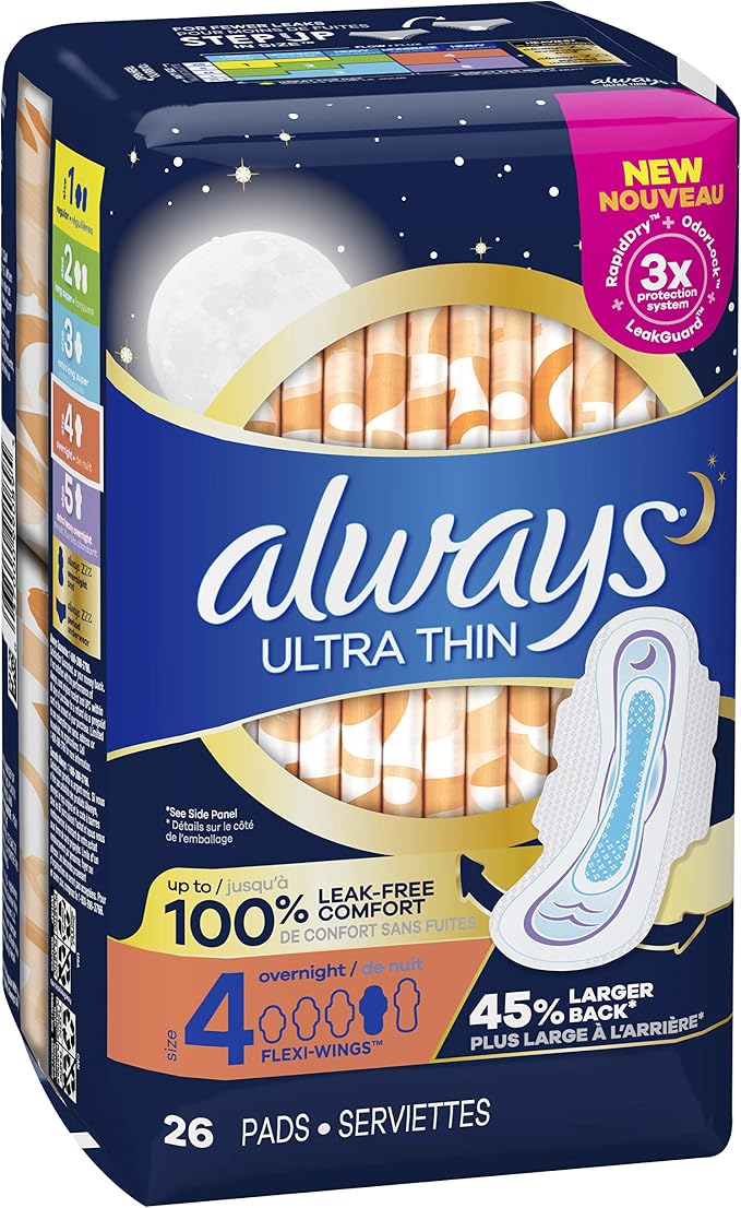 Always Ultra Thin Pads for Women, Size 4 Overnight Absorbency, Unscented with Wings, 26 Count