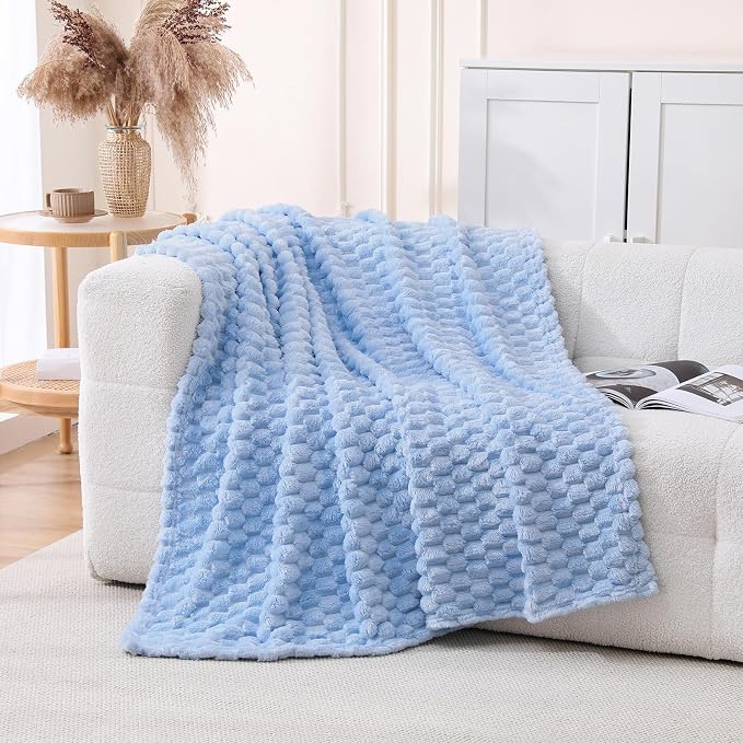 Light Blue Fleece Throw Blanket 60”×80” for Couch Sofa Bed Super Soft Cozy Plush Microfiber Flannel Blanket with 3D Jacquard Decorative Lightweight for Mom Woman