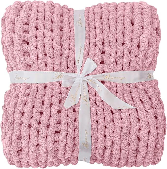 Bigacogo Chunky Knit Throw Blanket for Couch, 51x63 inches, Blush Pink | Hand Knit with Jumbo Chenille, Soft Breathable Cable Knit for Sofa Bed Living Room, Machine Washable, Gift for Mom Friend