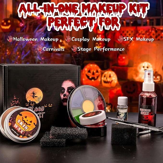 Halloween Special Effects SFX Makeup Kit - 6 Colors Bruise Body Makeup Face Painting Palette + Scar Wax + Spatula Tool + Fake Blood + Stipple Sponges + Brushes - For Halloween Party & Cosplay