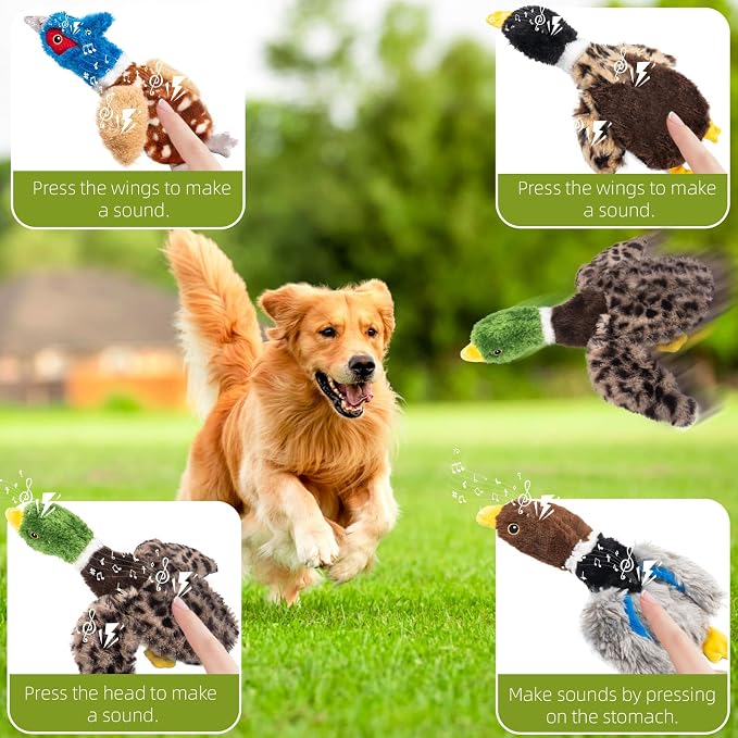 Extra-Plush Stuffing-Free Duck Dog Toy, Soft Plush Squeaky Toy with 2 Squeakers and Crinkle Wings for Small Medium Dogs, Long Pile Toy for Gentle Chewers