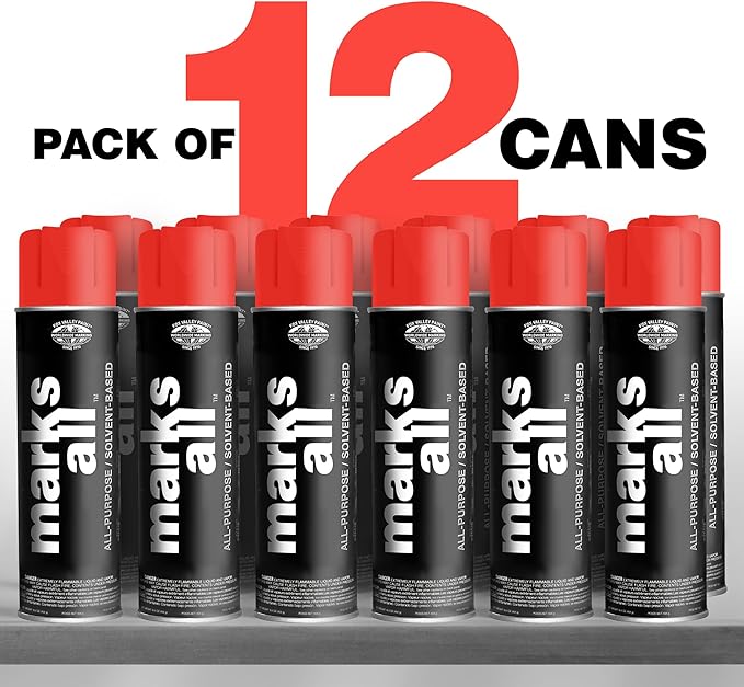 Fox Valley 18oz Marks All Solvent-Based Marking Paint Spray, 12-Pack Red Fluorescent – Long-Lasting, Weather-Resistant Spray Paint for Wet or Dry Surfaces Like Metal, Grass, Concrete, Wood, & More